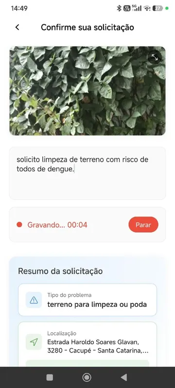 App ProPedido: tela de confirmação da solicitação com tipo e local